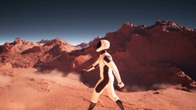 一位勇敢的宇航员走过荒芜的红色星球火星。宇航员火星人殖民并探索火星。循环动画是为未来主义，科幻，太空
