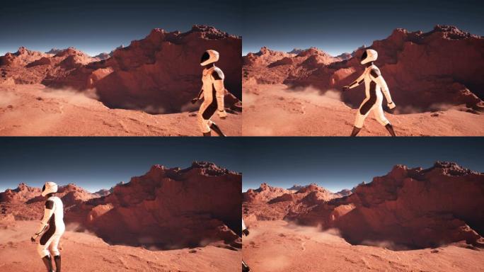一位勇敢的宇航员走过荒芜的红色星球火星。宇航员火星人殖民并探索火星。循环动画是为未来主义，科幻，太空