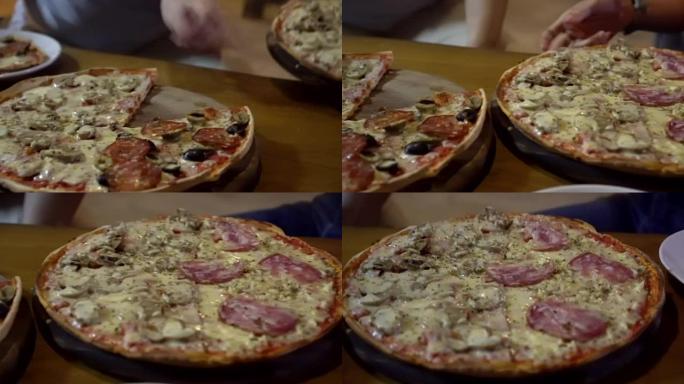 意大利第二薄披萨托盘配有各种顶级意大利辣香肠蘑菇橄榄四奶酪和帕尔马火腿