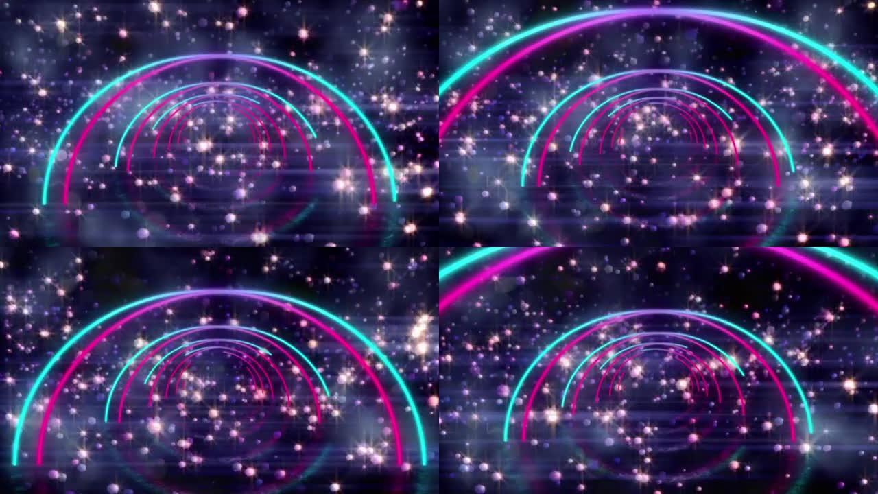 无缝运动的霓虹灯圈数字动画和黑色背景上的多颗闪亮星星