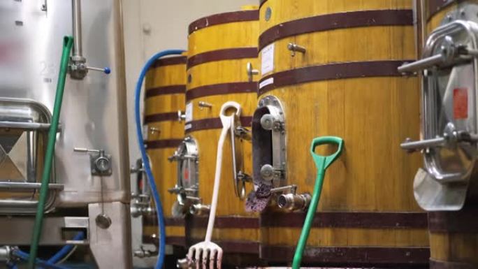 葡萄酒厂生产天然有机葡萄酒的车间，橡木桶配麦芽汁
