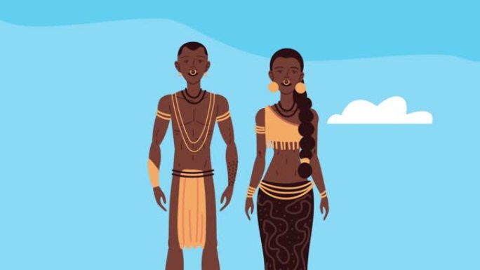 非洲印第安人夫妇种族人物动画