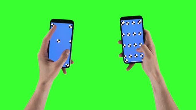 男性双手中的双手机，可缩放显示屏上的内容，并在屏幕上显示跟踪点