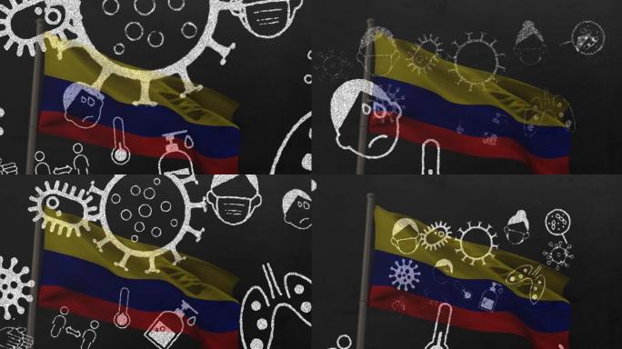 哥伦比亚国旗上的covid 19病毒细胞和数字图标的动画