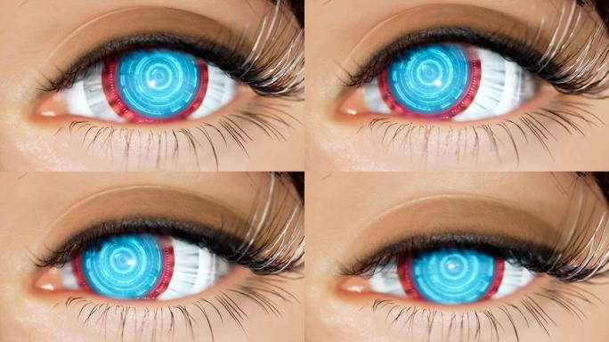 女孩蓝色的控制论眼睛看着镜头特写。蓝色网眼的宏观镜头。眼睛是使用计算机图形制作的。控制论蓝眼睛的极端