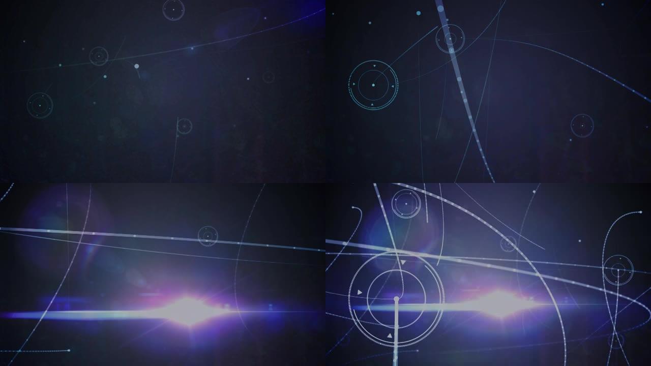 蓝色背景上的连接和灯光轨迹网络的数字动画