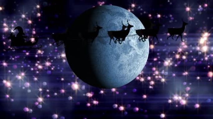 圣诞老人在雪橇上的动画，驯鹿在月亮和雪落下