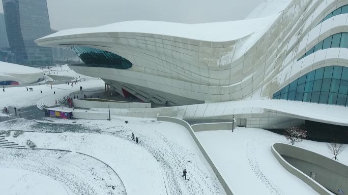 航拍  城市 梅溪湖 雪景 长沙大剧院