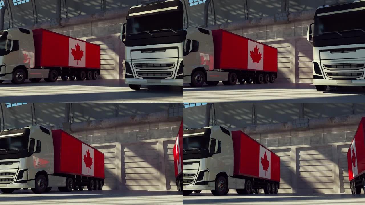 带有加拿大国旗的货运卡车。来自加拿大的卡车在仓库码头装卸
