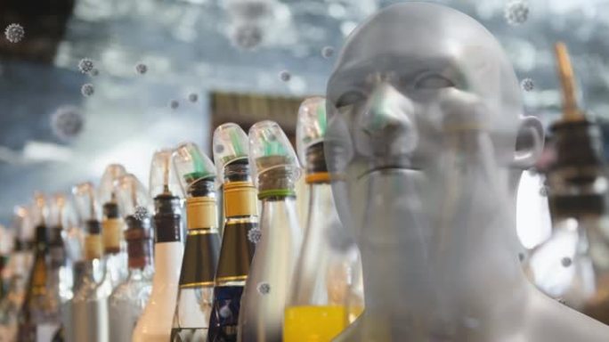 covid 19细胞漂浮在人头上和酒吧里的瓶子上的动画