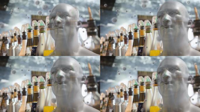 covid 19细胞漂浮在人头上和酒吧里的瓶子上的动画
