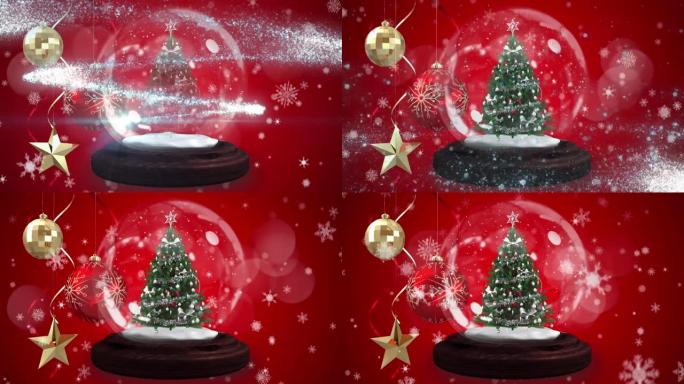 雪球中的小玩意和装饰圣诞树的动画，飘落的雪花，红色