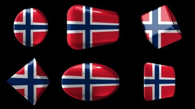 标志-挪威。6面旗帜，按钮，死亡。动画风格的玻璃或金属图标不同形状的旗帜。圆，矩形，立方体，菱形，椭