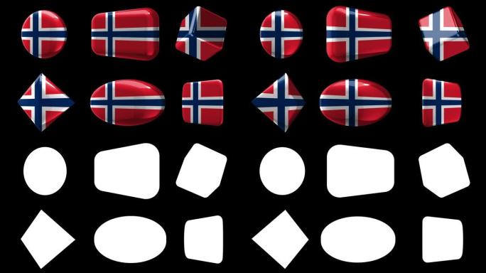 标志-挪威。6面旗帜，按钮，死亡。动画风格的玻璃或金属图标不同形状的旗帜。圆，矩形，立方体，菱形，椭