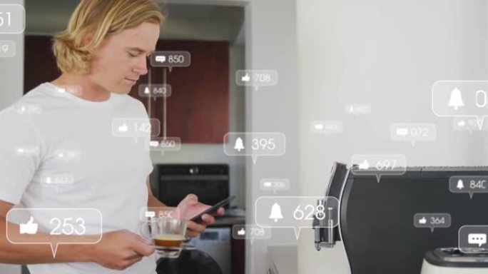 在阳光充足的厨房中使用智能手机喝咖啡的社交媒体通知动画