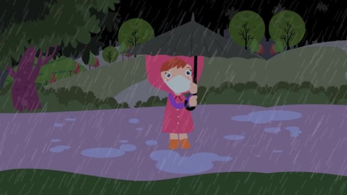 悲伤的小女孩在下雨的时候撑着伞