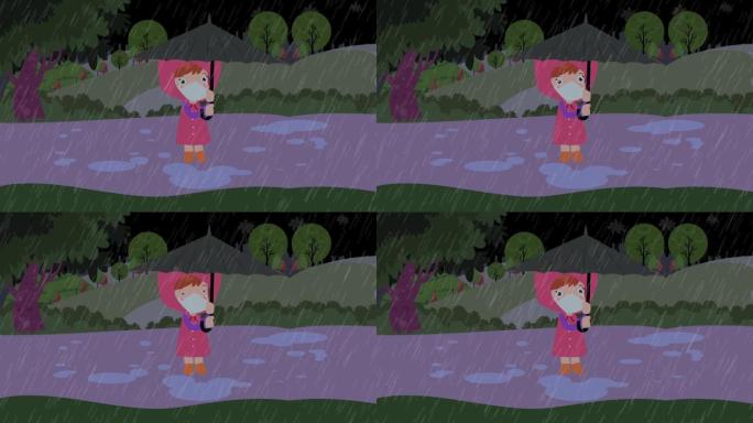 悲伤的小女孩在下雨的时候撑着伞