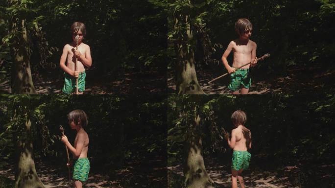 一个男孩的肖像长矛，玩生存游戏，探索。
