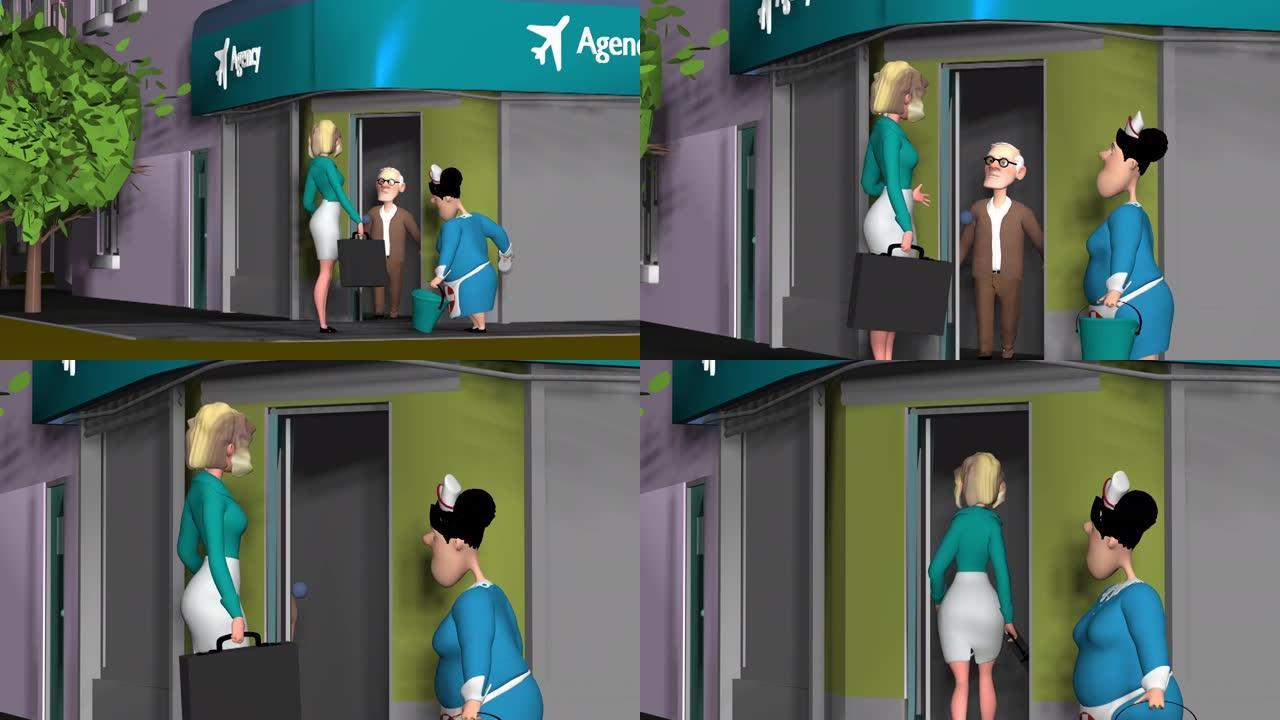 3d动画，护士，女商人和祖父在飞机代理前的对话 (卡通)