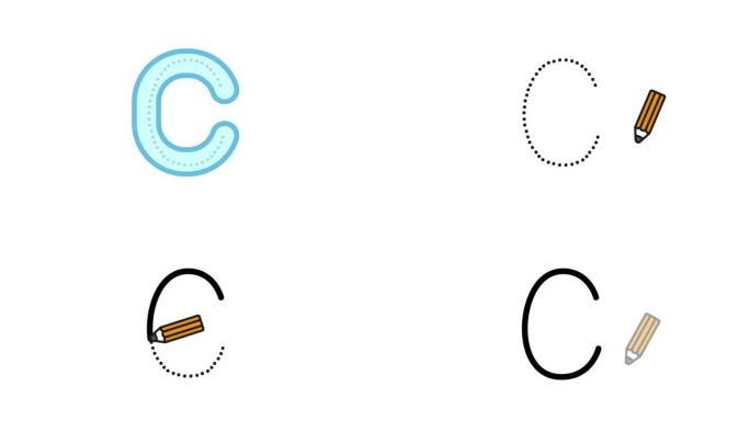 英语字母表写作教程。用隔离在白色背景上的铅笔跟踪字母C。儿童字母C顺序书写的动画字母样本