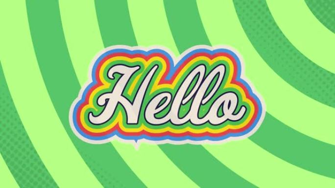 绿色放射状背景下带有彩虹阴影效果的hello文本数字动画