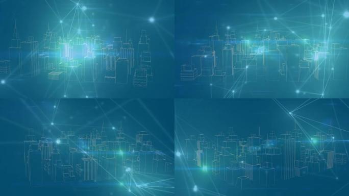 蓝色背景上的3d城市模型旋转的连接网络数字动画
