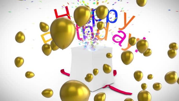 礼品盒上方的黄金气球动画打开释放彩色生日快乐文字和五彩纸屑