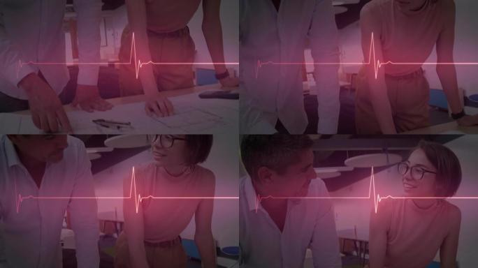 发光粉红色心率监测器的动画，微笑的男女同事说话