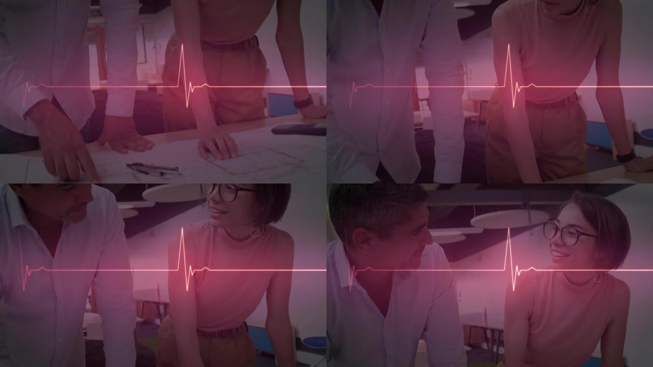 发光粉红色心率监测器的动画，微笑的男女同事说话