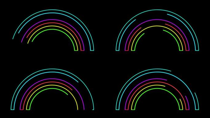 发光的多色霓虹灯线彩虹图标隔离在黑色背景上。4k视频动画。