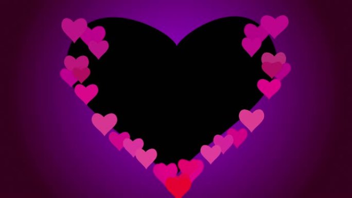 黑色框架，粉色和紫色心形边缘，用于婚礼视频明信片或演示。情人节浪漫动人的心形框架。