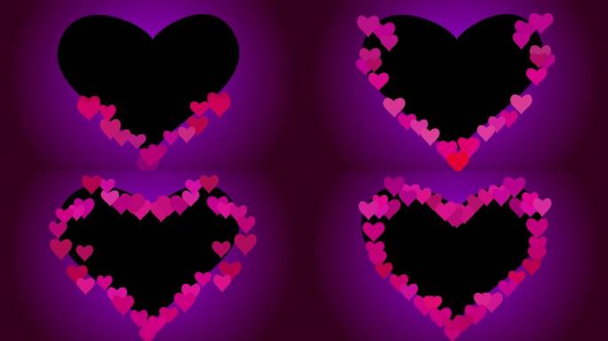 黑色框架，粉色和紫色心形边缘，用于婚礼视频明信片或演示。情人节浪漫动人的心形框架。