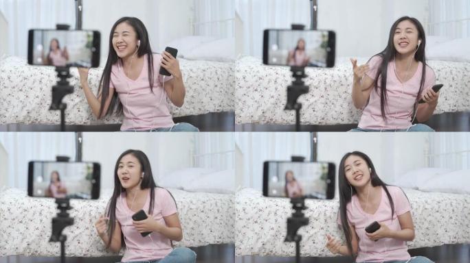 影响者在相机上拍摄视频时交谈