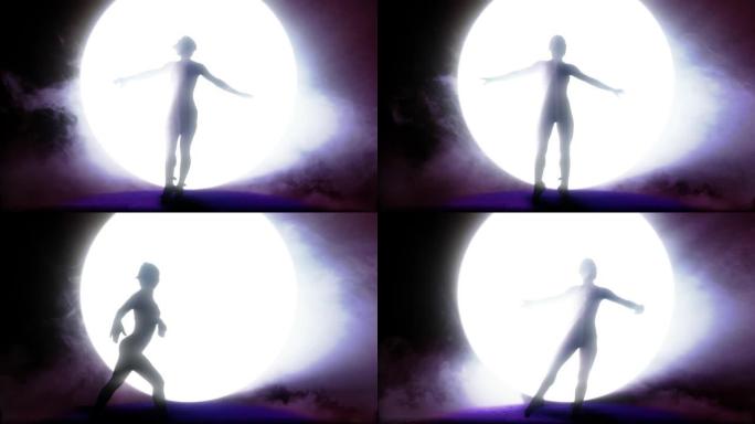 灯光舞台上的3D动画剪影芭蕾舞演员