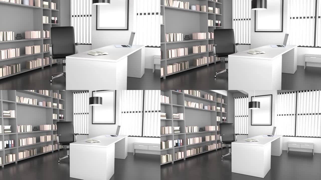 简单现代的家庭办公空间，带简约家具，带4k分辨率的大图书馆
