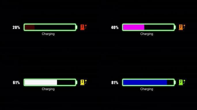 彩色电动汽车汽车充电电池指示进展与百分比显示填充到100%