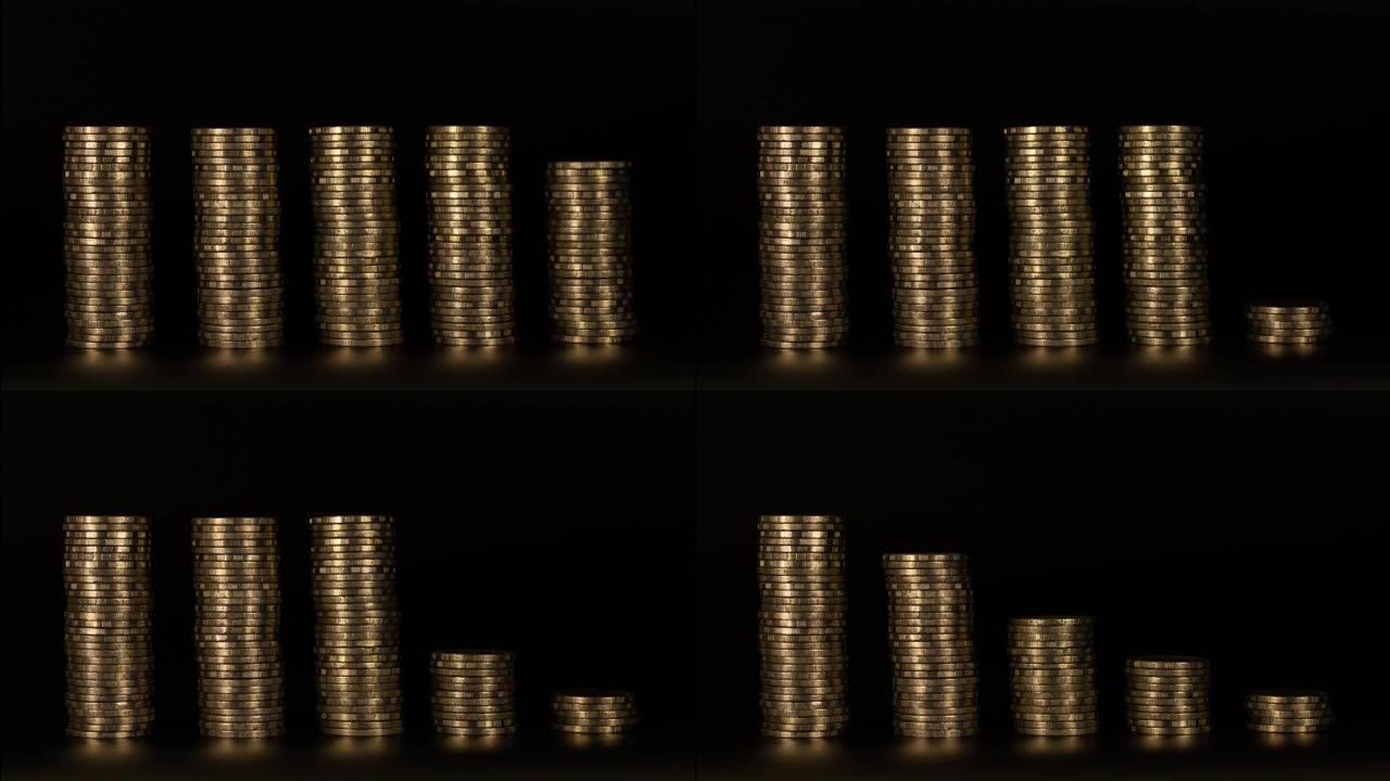 4k停止运动显示黑色背景下，五堆黄金现金硬币的堆叠逐渐消失，关键帧技术消失