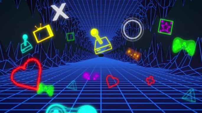 霓虹灯视频游戏数字接口在蓝色网格上闪烁的动画