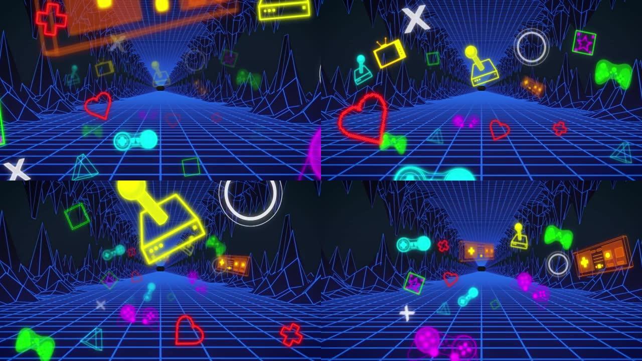 霓虹灯视频游戏数字接口在蓝色网格上闪烁的动画