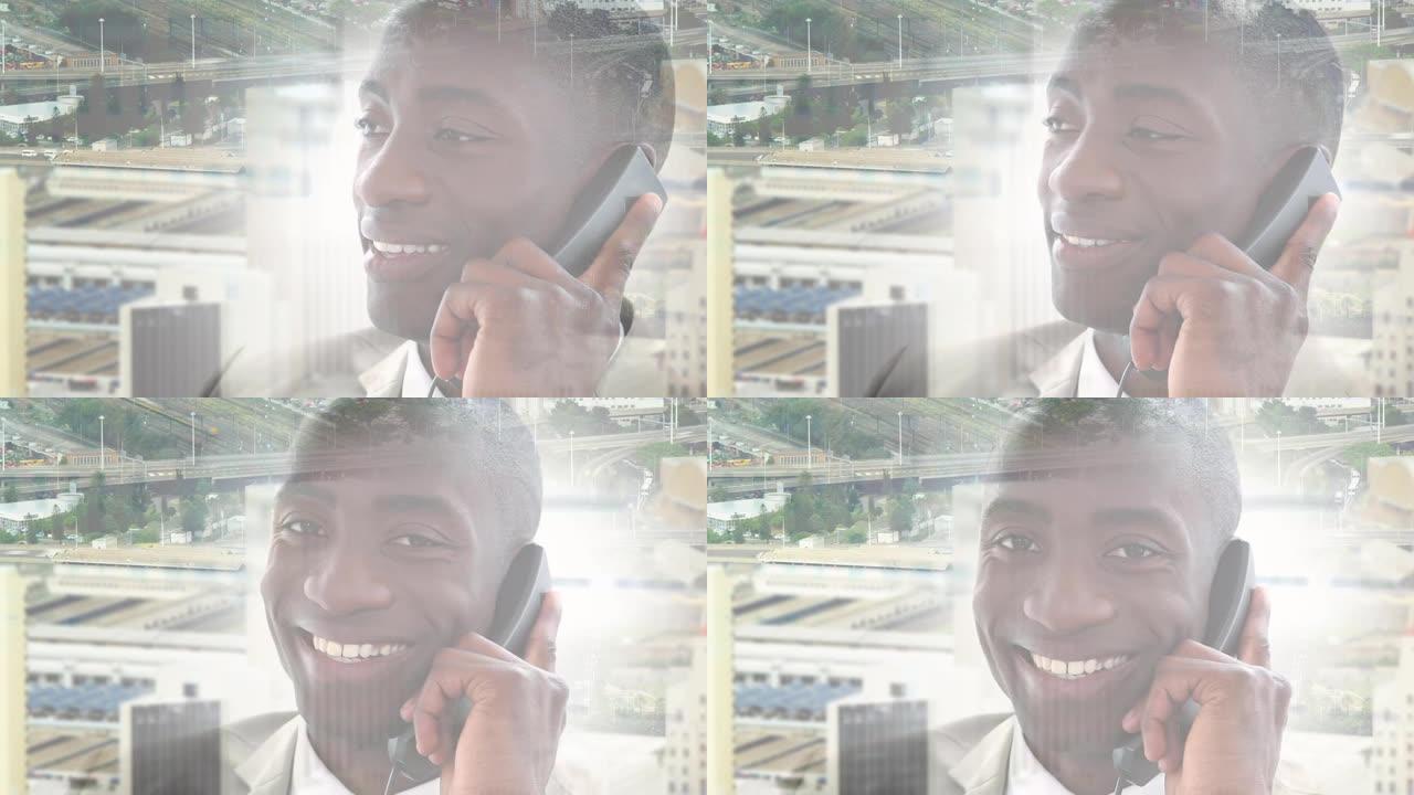 在城市景观上使用智能手机的快乐非裔美国人的动画