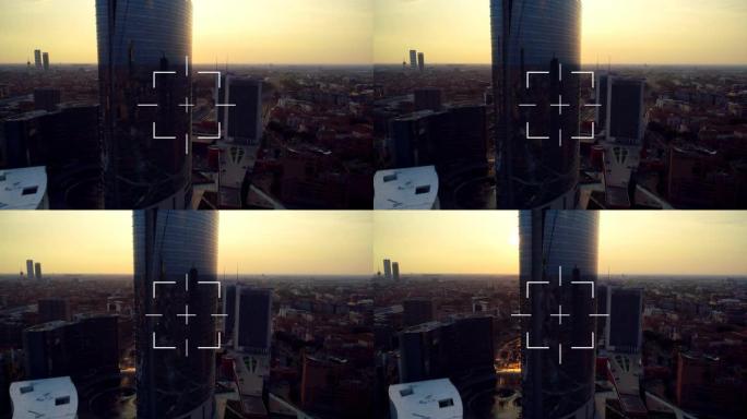 日落时方形范围扫描现代城市景观的动画