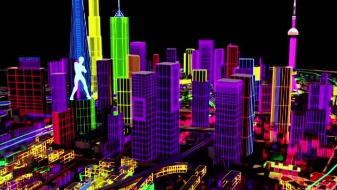 3d动画。未来反乌托邦上海城市的鸟瞰图，并在带有赛博朋克的建筑物上绘制投影图