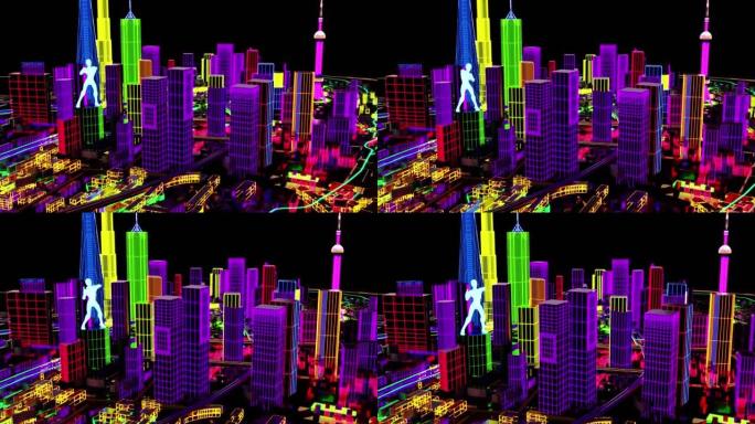 3d动画。未来反乌托邦上海城市的鸟瞰图，并在带有赛博朋克的建筑物上绘制投影图