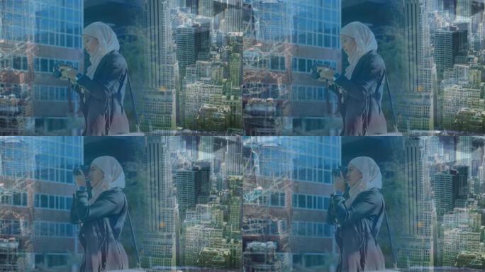 动画亚洲妇女在希贾布与相机在城市景观
