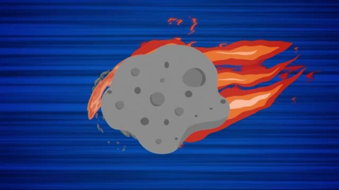 蓝色背景上的飞行小行星。坠落流星体的循环动画。在动态抽象背景上移动陨石。运动中的动画流星。具有动作效