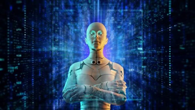 数字智能世界数字营销，3D仿人机器人未来技术革命创新与网络空间未来背景。