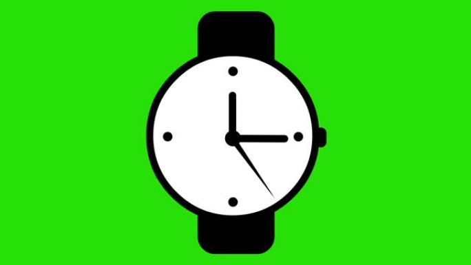 时钟指针的循环动画，在绿色色度背景上以黑白着色