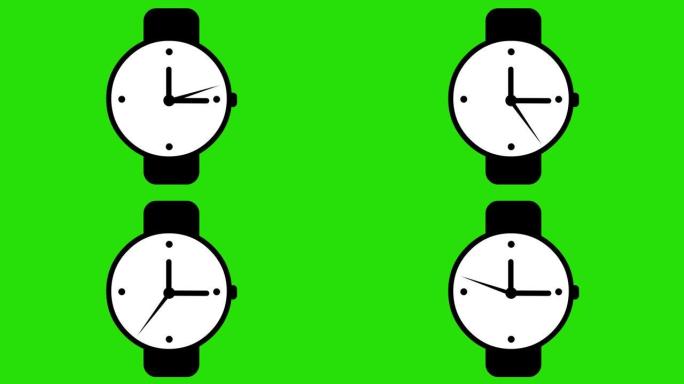 时钟指针的循环动画，在绿色色度背景上以黑白着色