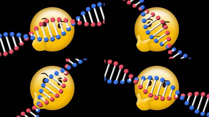 dna结构的数字动画在黑色背景下旋转的思维表情符号上