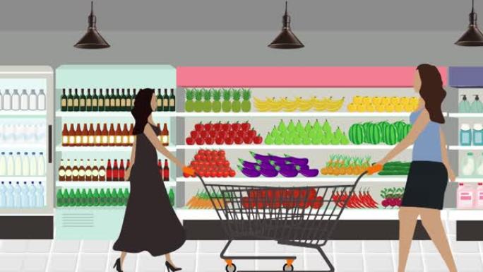 女人在超市区散步，卡通动画背景